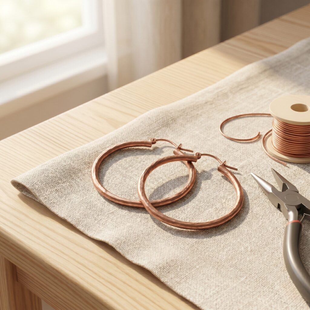 A perfectly square photo of large, minimalist raw copper wire hoop earrings resting gracefully on a light oak wood table. The warm metal gleams under soft diffused summer sunlight. Boho minimalist artisan aesthetic.
