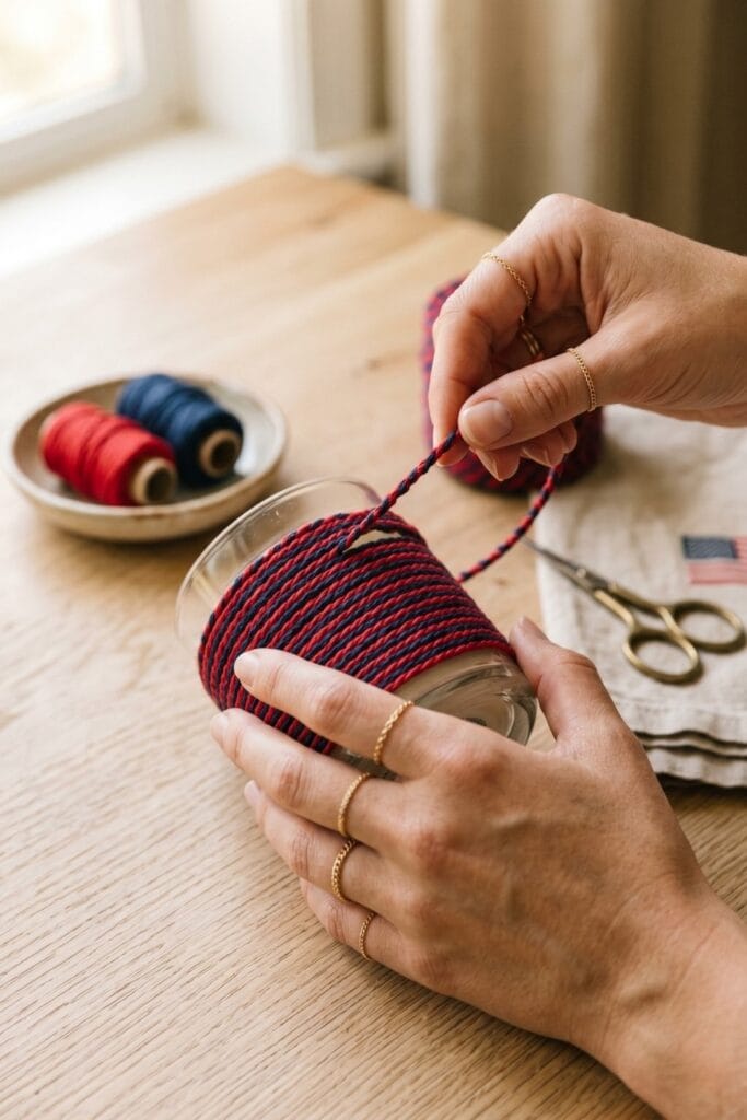 Female artisan hands wrapping a glass jar with braided red and blue string for 4th of July crafts.