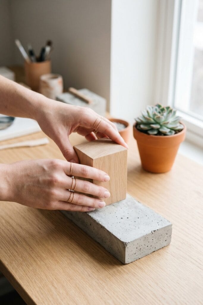 Female artisan hands combining a light oak block with a concrete base for Father's Day crafts.