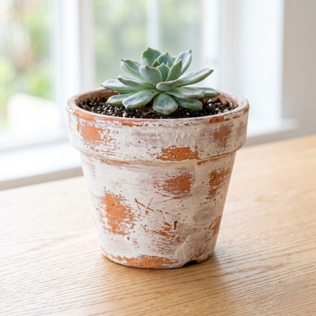 A rustic vintage hand painted terracotta pot with a thin distressed white acrylic wash and heavily sanded sections.