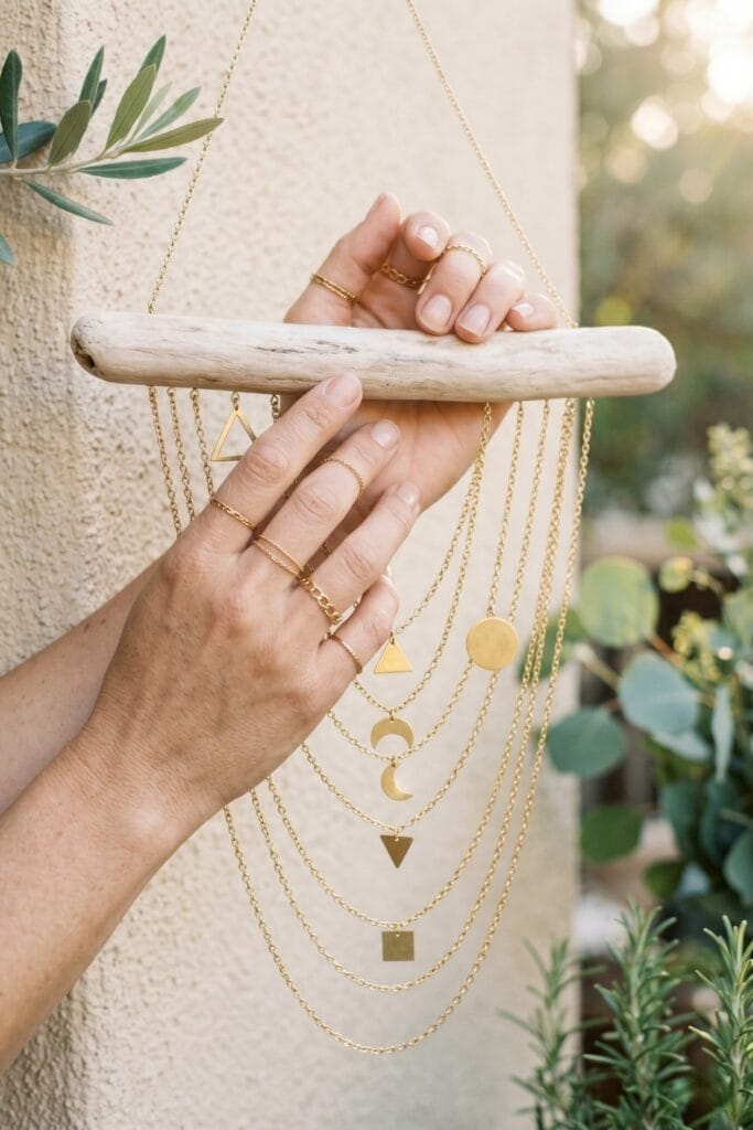Female artisan hands holding a completed outdoor wall hanging featuring a bleached piece of driftwood with delicate cascading raw brass chains.