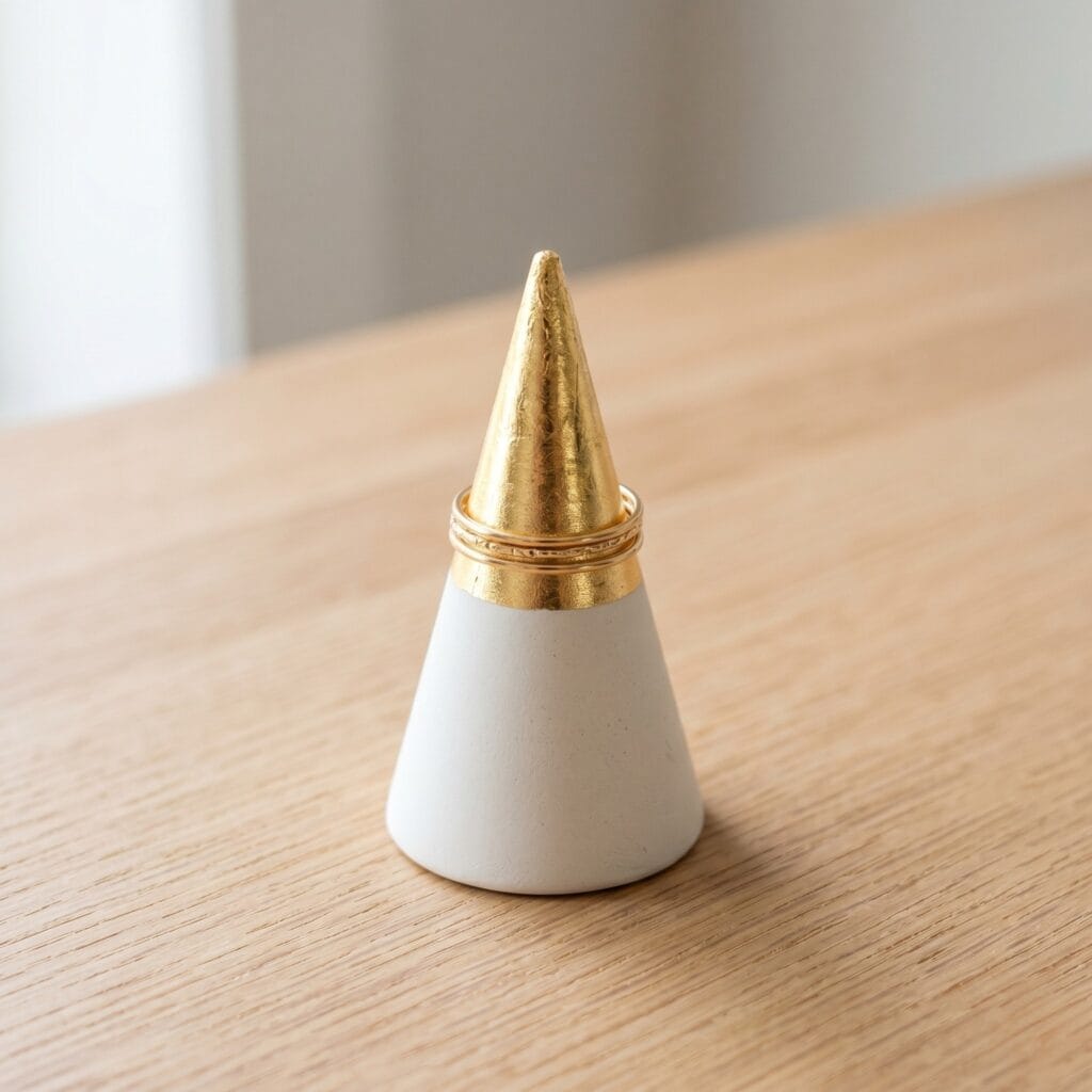 A single perfectly square photo of a sculptural matte white cement ring cone. The top half is dipped in brilliant, shiny metallic gold leaf with a sharp dividing line. It rests on a light oak wood table holding a few delicate gold rings. Luxurious minimalist decor.