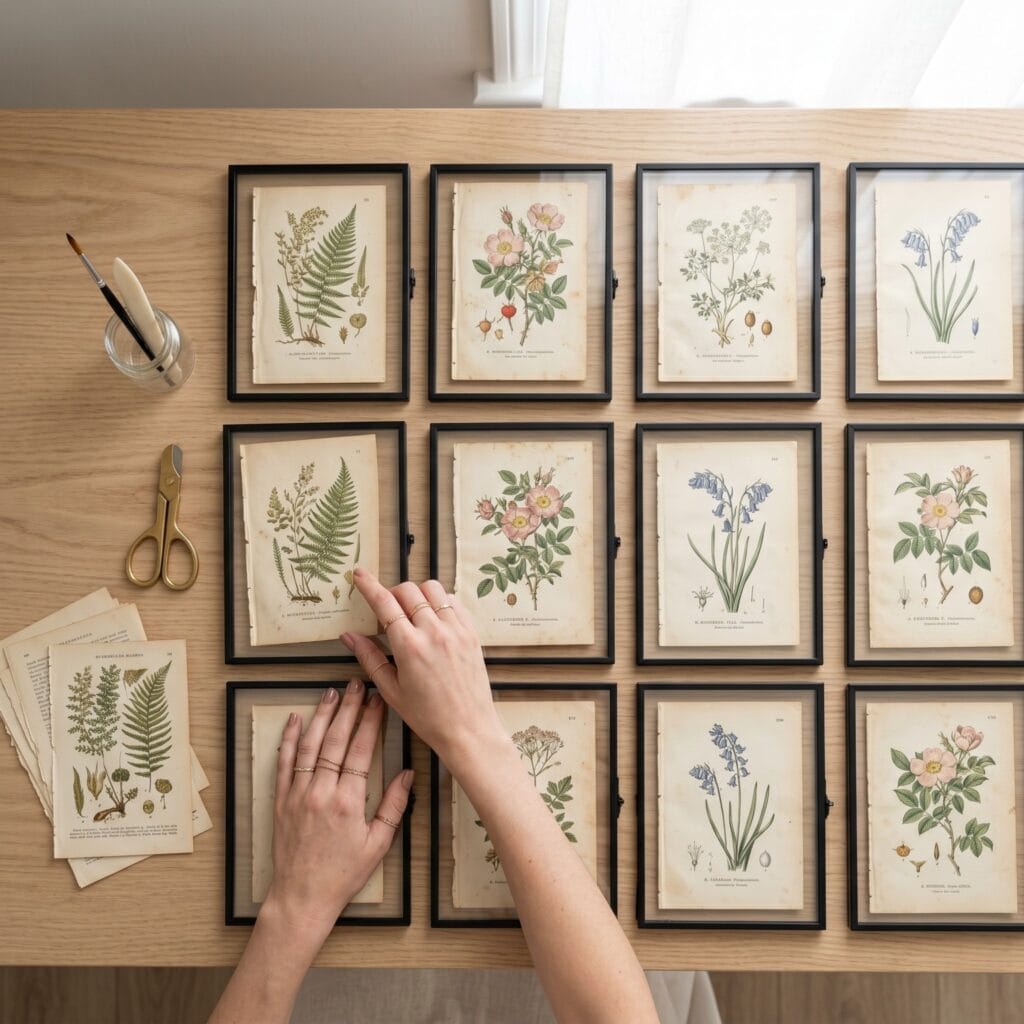 Vintage botanical book pages in black frames created as minimalist DIY wall art decor