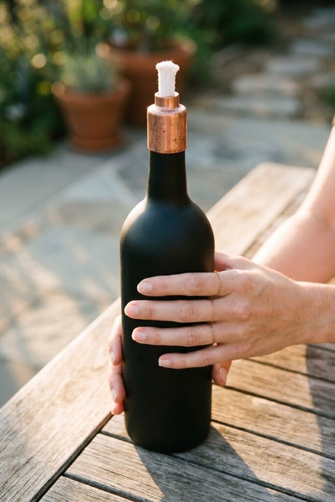 Female artisan hands holding a completed modern outdoor tiki torch made from a wine bottle painted matte black with a copper wick holder.