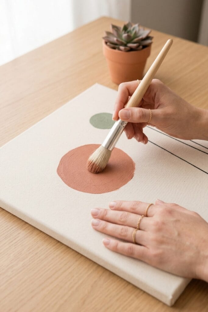 Female artisan hands using a round brush to paint a large, minimalist terracotta dot on a beige canvas, a peaceful easy painting for beginners idea.