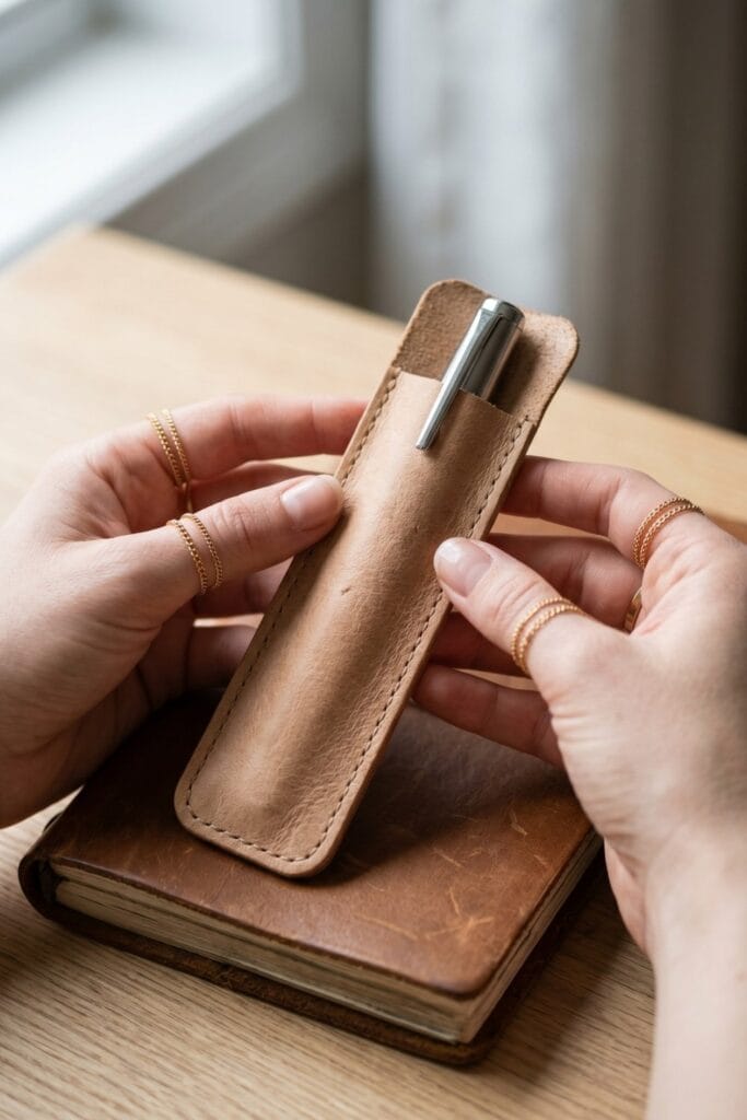 Close-up of female artisan hands holding a completed slim scrap leather pen sleeve with a running stitch, containing a fountain pen.