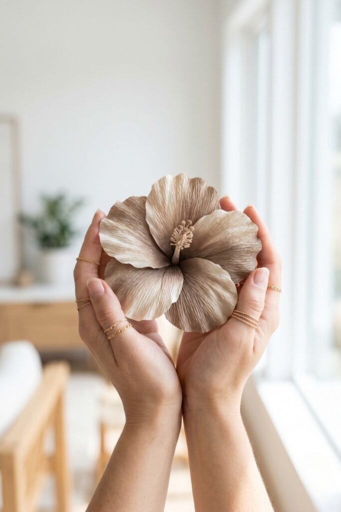 Close-up of female artisan hands holding a completed artisan paper hibiscus flower made from taupe and beige crepe paper for minimalist home decor.