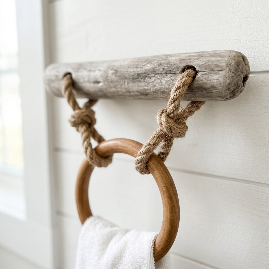 A rustic bathroom towel holder made of salvaged driftwood and thick natural jute rope loops.
