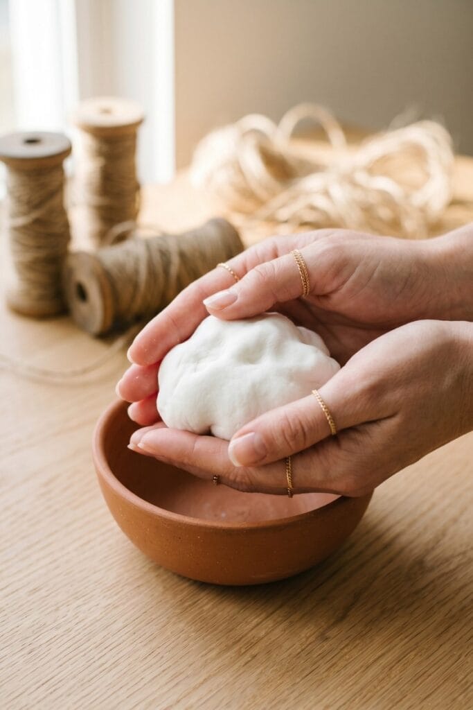 Close-up of female artisan hands holding a completed pure white, matte cloud-like sensory blob made from soap and cornstarch, looking incredibly soft and fluffy.