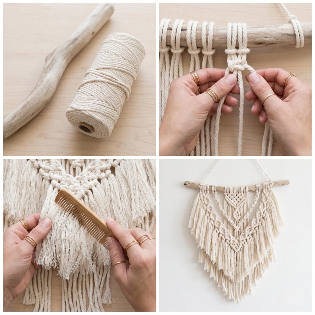 A perfectly square 1:1 photo grid tutorial showing the step-by-step DIY process of tying and combing macrame cords on a piece of driftwood.
