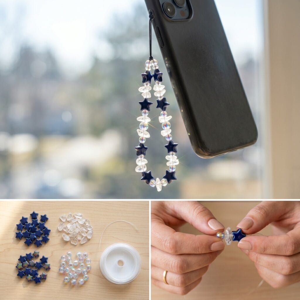 A 3-panel starry night tutorial layout displaying midnight blue ceramic star beads, clear quartz chips, and iridescent spacers being carefully assembled by hand on a clear thread.