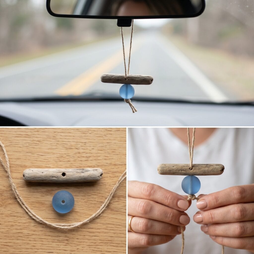 A 3-panel coastal craft collage showcasing driftwood and blue sea-glass beads being threaded onto a hemp string to create ocean-themed boho DIY car charms.
