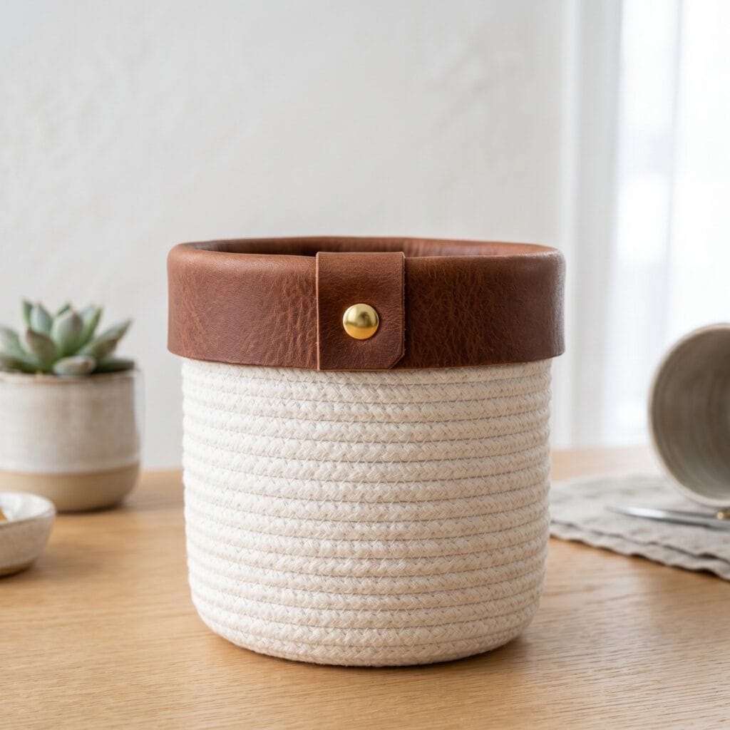 A tall coiled cotton rope storage cylinder with a professional brown leather tab secured by a brass rivet on the rim.