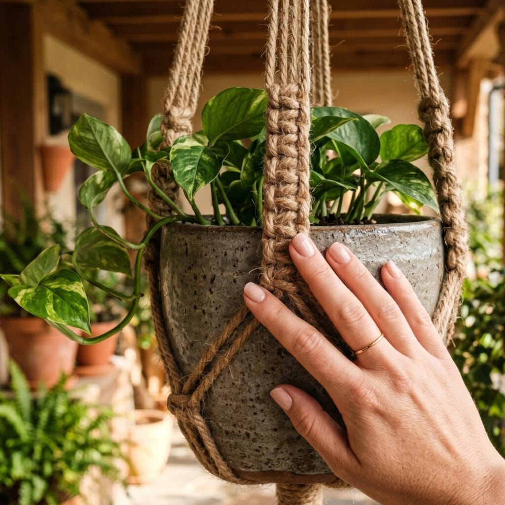 A durable rustic plant hanger made from natural brown jute twine holding a heavy stoneware pot.