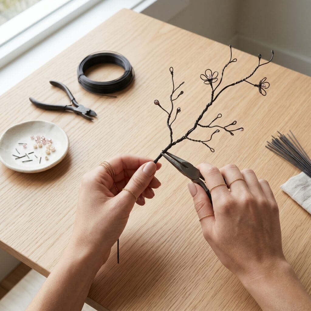 Wabi-Sabi cherry blossom branches created as minimalist wire flower crafts
