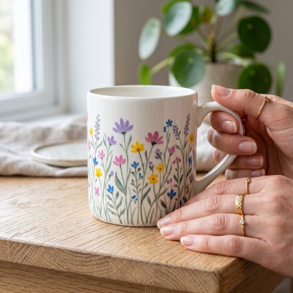 A close up of a white ceramic mug hand painted with a delicate meadow of tiny colorful wildflowers including lavender pink and yellow buds on green stems