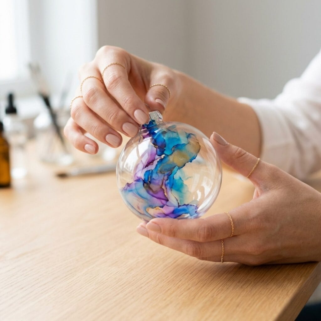 Organic, flowing abstract watercolor patterns created inside clear glass ornaments using alcohol inks.