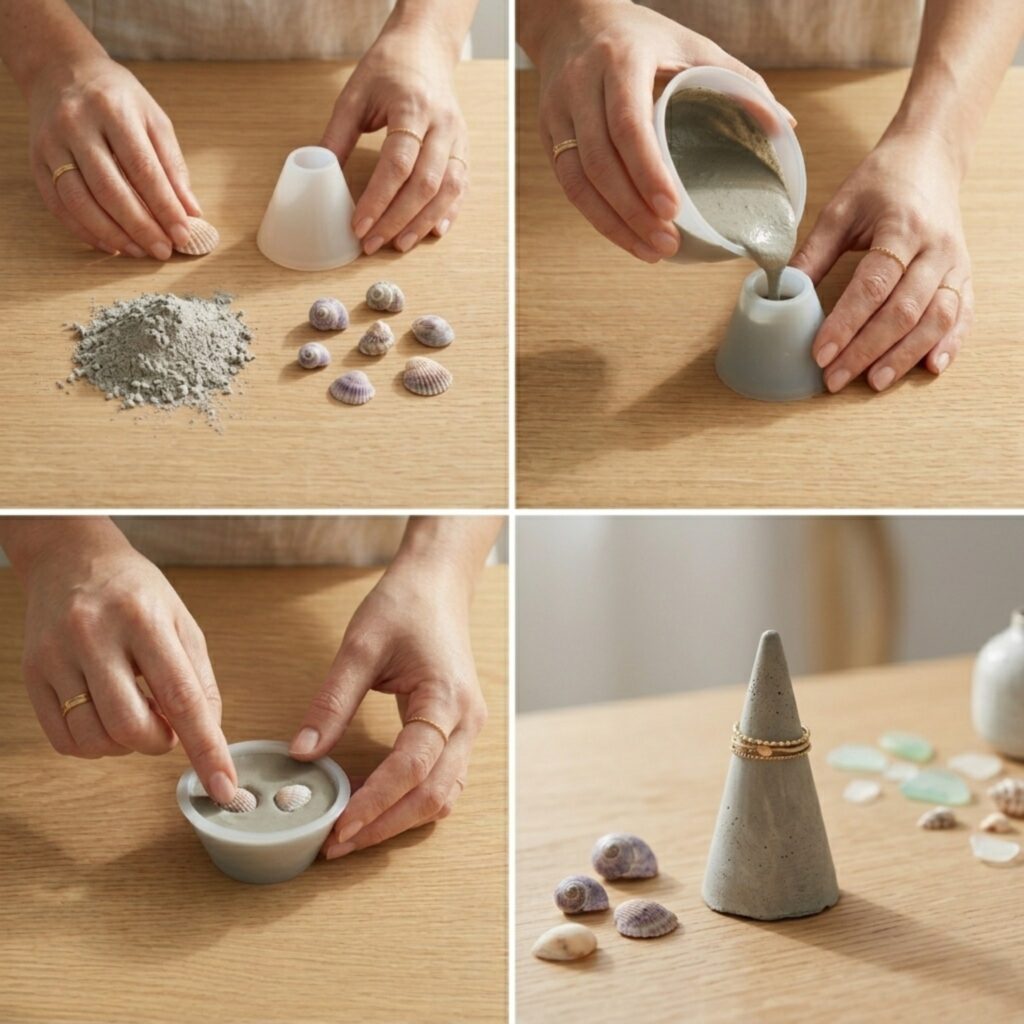 A perfectly square 2x2 photo grid tutorial showing how to make modern cement ring holders in a cone shape decorated with tiny seashells.