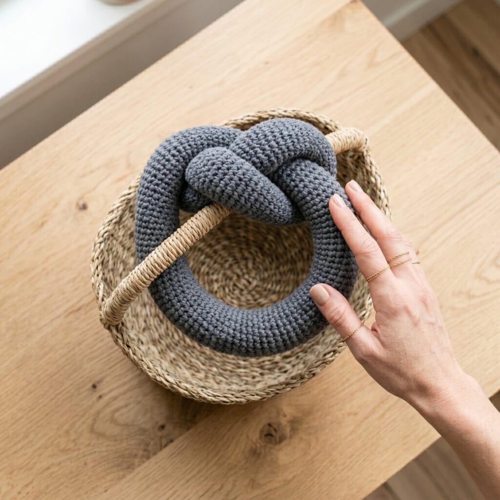 Hands touching a finished slate gray chunky cable-knot crochet ring cat toy on a seagrass basket.