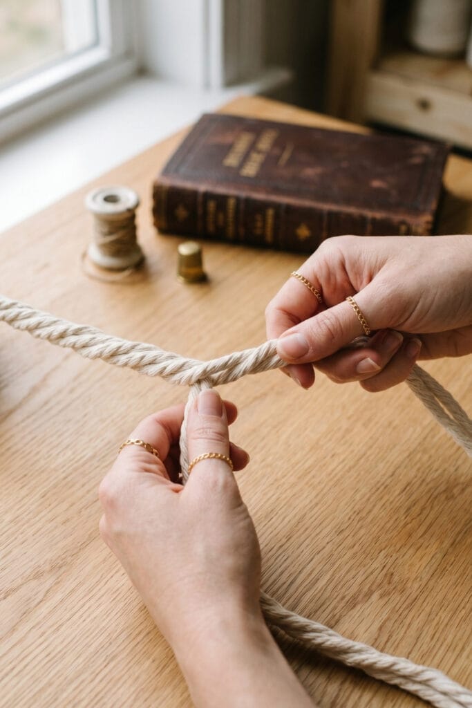 Twisting thick cords to quickly create rope style DIY bracelets with string.