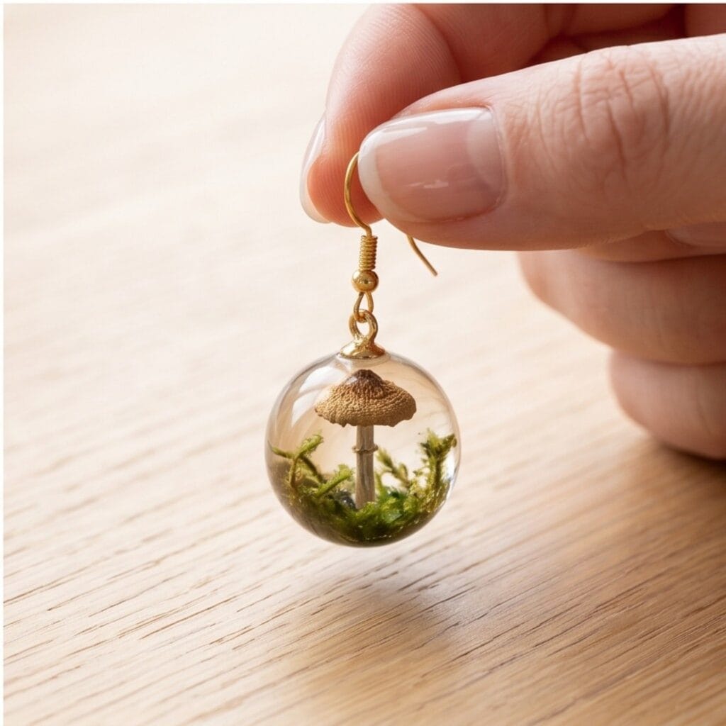 Hands lifting a finished clear UV resin dome earring encasing a tiny real mushroom and moss.