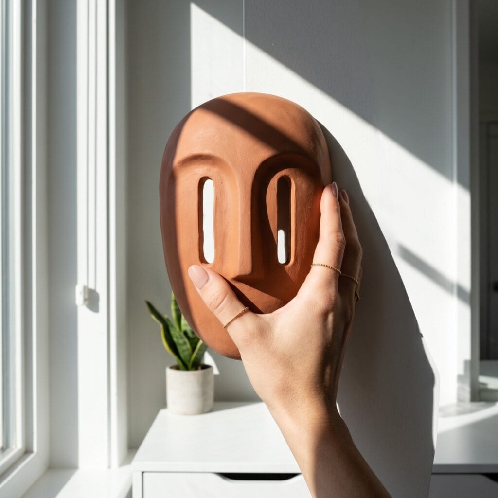 A manicured hand mounting a modern clay mask with hollow vertical eye slits onto a bright white wall.