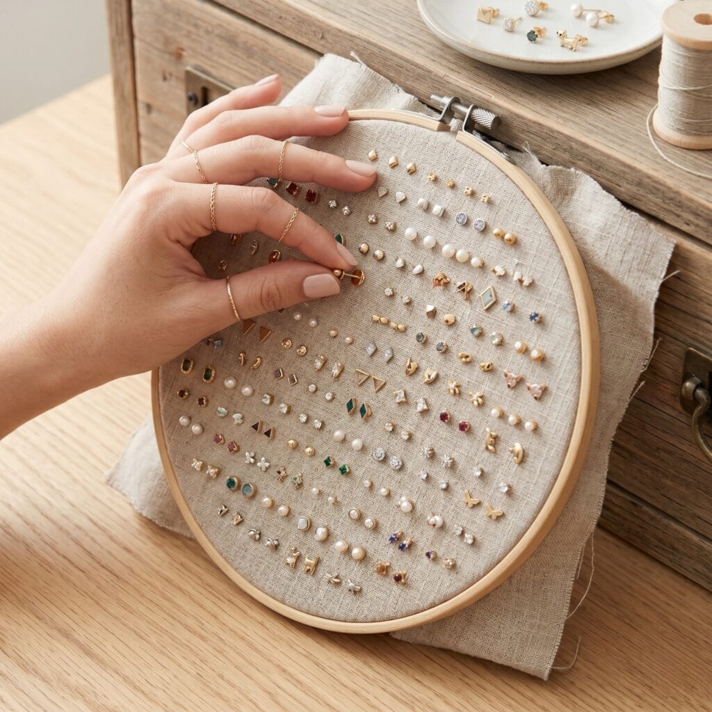 Manicured hands pushing a stud earring through gergin linen fabric in a finished embroidery hoop earring holder.