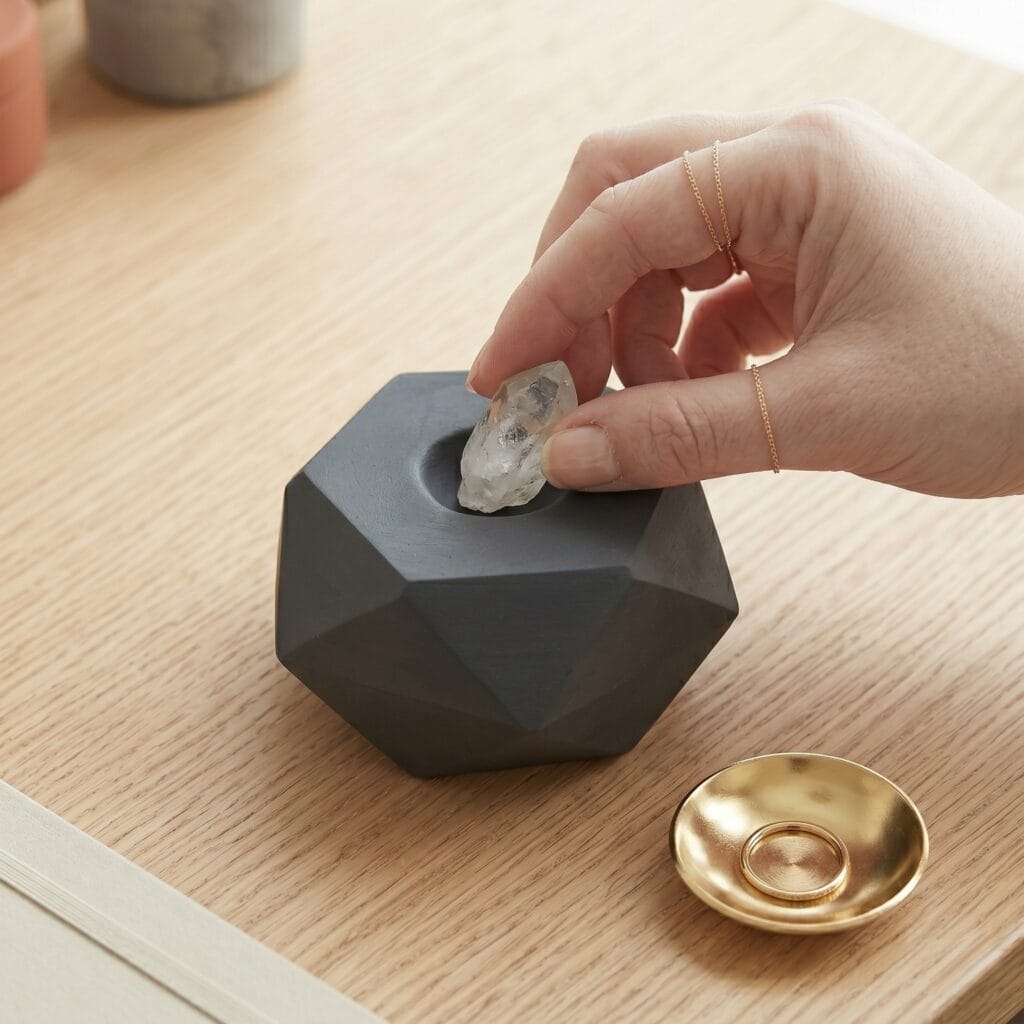 A single hand placing a raw quartz crystal inside a finished charcoal gray faceted geometric clay holder on an oak table.