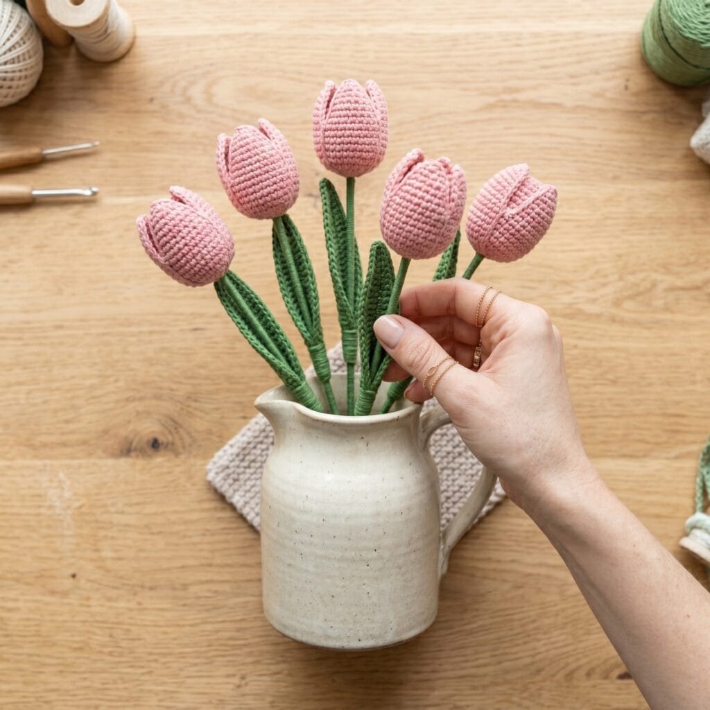 Manicured hands adjusting a leaf sleeve on a finished crochet tulip bouquet standing in a vintage pitcher.