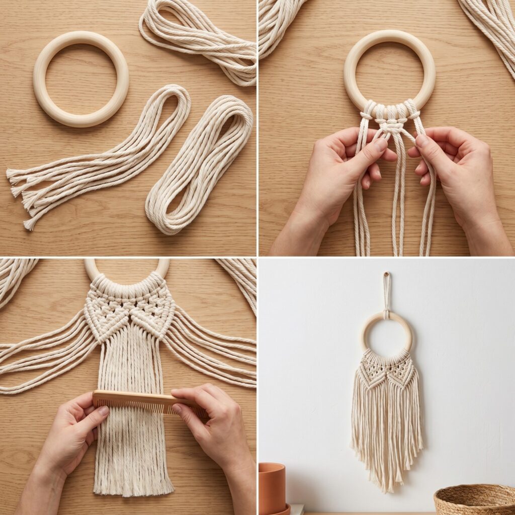 A 2x2 photo grid tutorial showing the step-by-step DIY process of making a soft, combed macrame octopus wall art.