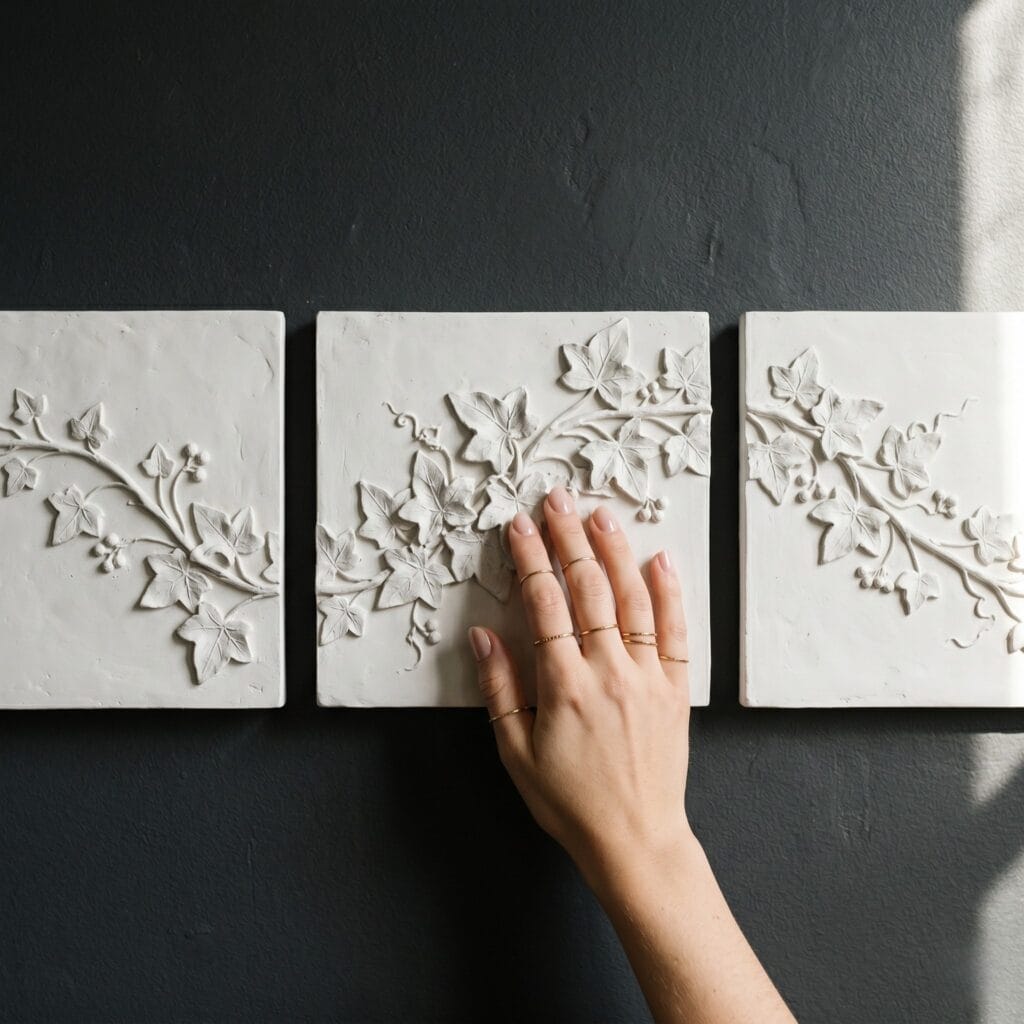 A manicured hand touching a continuous wild ivy vine relief that flows across three separate square white plaster tiles mounted on a wall.