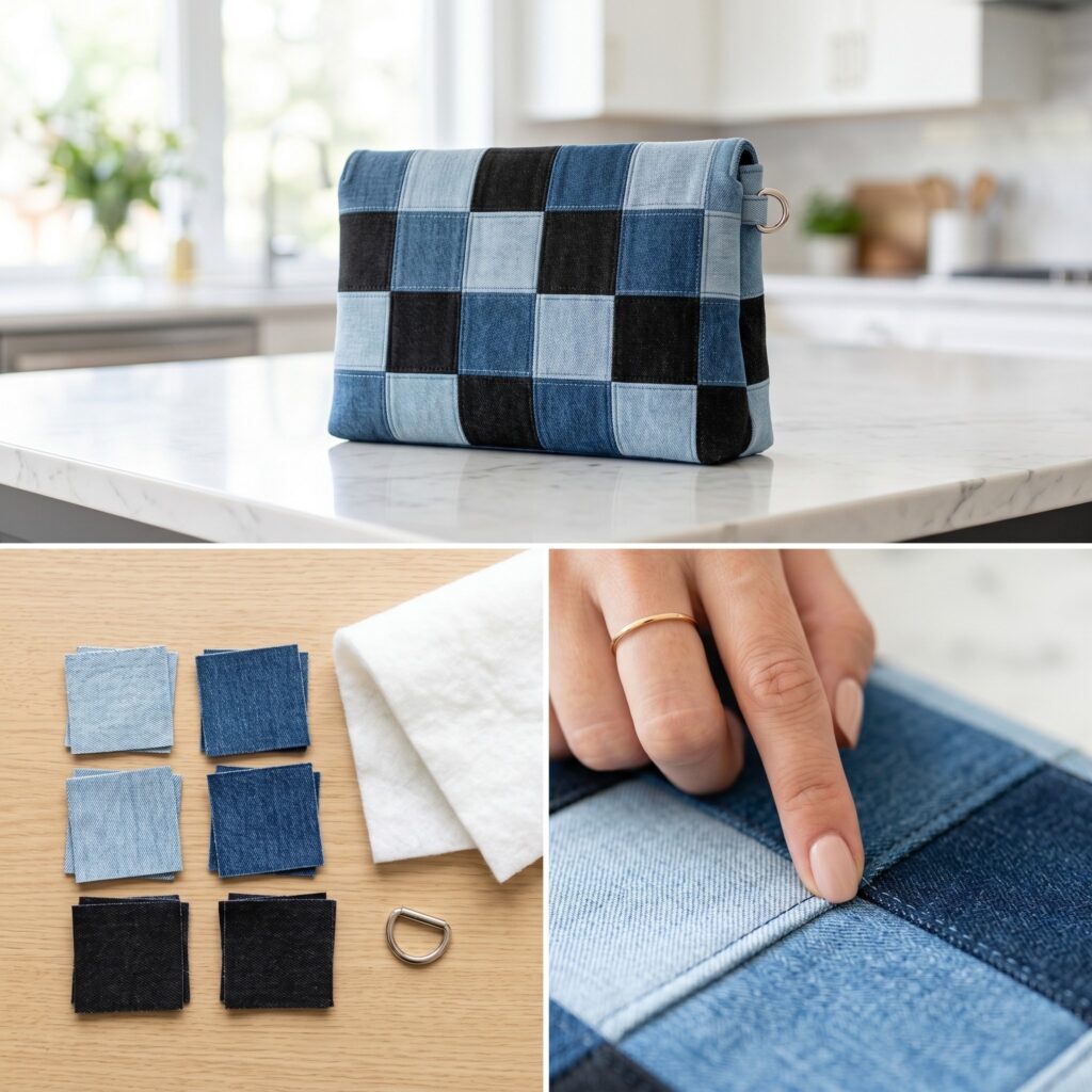 A 3-panel quilting collage displaying fabric squares in light wash, dark wash, and black denim, white quilt batting, and a manicured hand pressing a connecting straight seam, beside the completed large checkered patchwork clutch on a marble island.