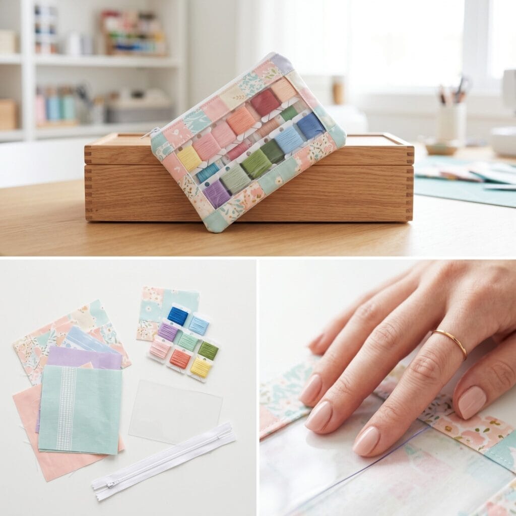 A 3-panel accessory layout displaying pastel cotton scraps and clear vinyl, a hand pressing the vinyl flat, and a finished zippered pouch showing neat rows of colorful bobbins through its clear window while leaning against a wooden storage box.