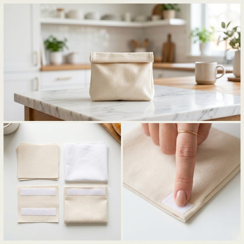 A 3-panel tailoring grid displaying small cream-colored canvas fabric rectangles, a single elegant index finger pressing a white velcro strip flat, and the finished small rectangular pouch bulging slightly in the center to hold a fresh bagel.