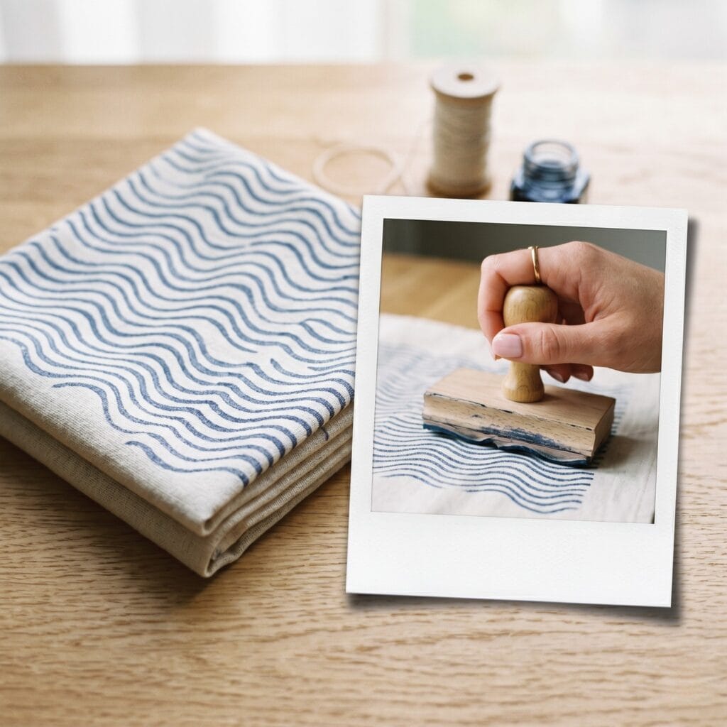A minimalist coastal themed tea towel featuring rows of repeating parallel wavy lines stamped in soft indigo blue ink across the natural linen fibers