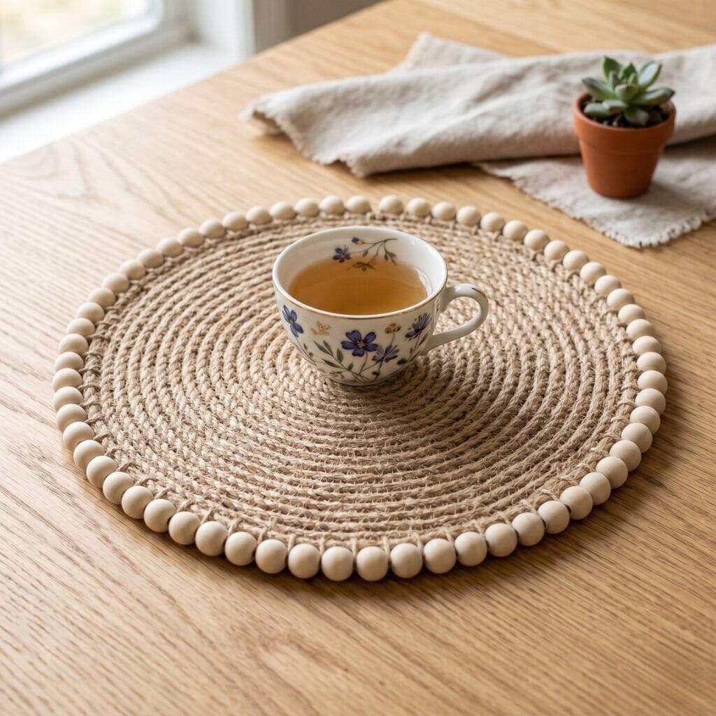 A coiled natural jute coaster finished with a decorative outer border of raw unvarnished small wooden beads for added texture