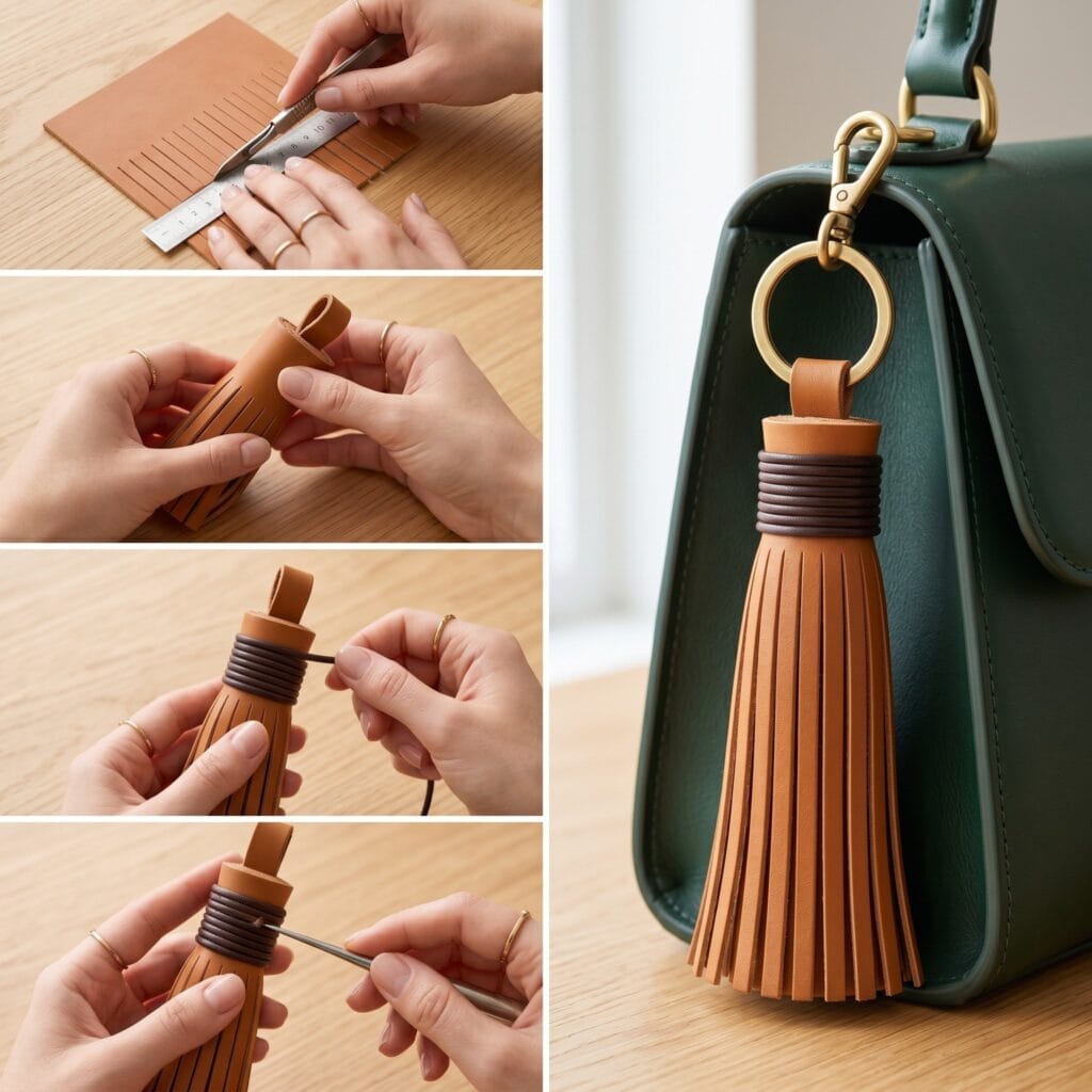 Step by step guide to cutting precise fringe and wrapping a dark brown cord to finish a handmade tan leather tassel.