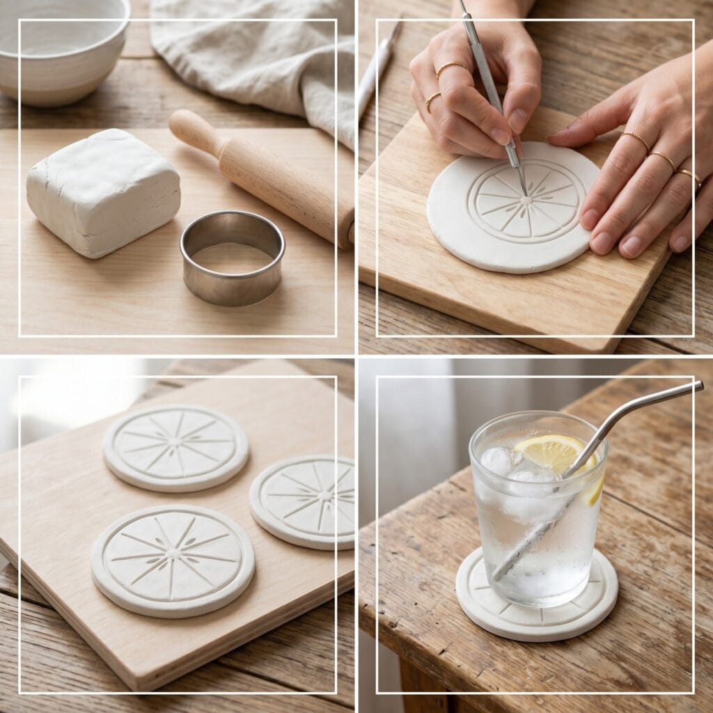 A perfectly square 1:1 photo grid tutorial showing the step-by-step DIY process of carving a citrus slice pattern into round air-dry clay coasters.