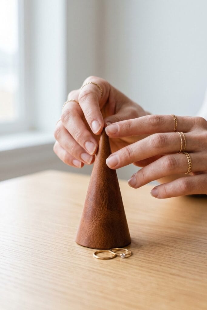 Female artisan hands arranging a finished sharp cone-shaped scrap leather ring display stand on a light oak table.