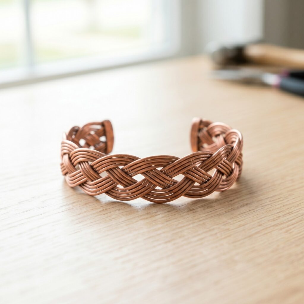 A perfectly square photo showing an intricately braided raw copper wire bracelet resting centered on a light oak wood table. Detailed woven metal texture under soft light. Artisan luxury aesthetic.