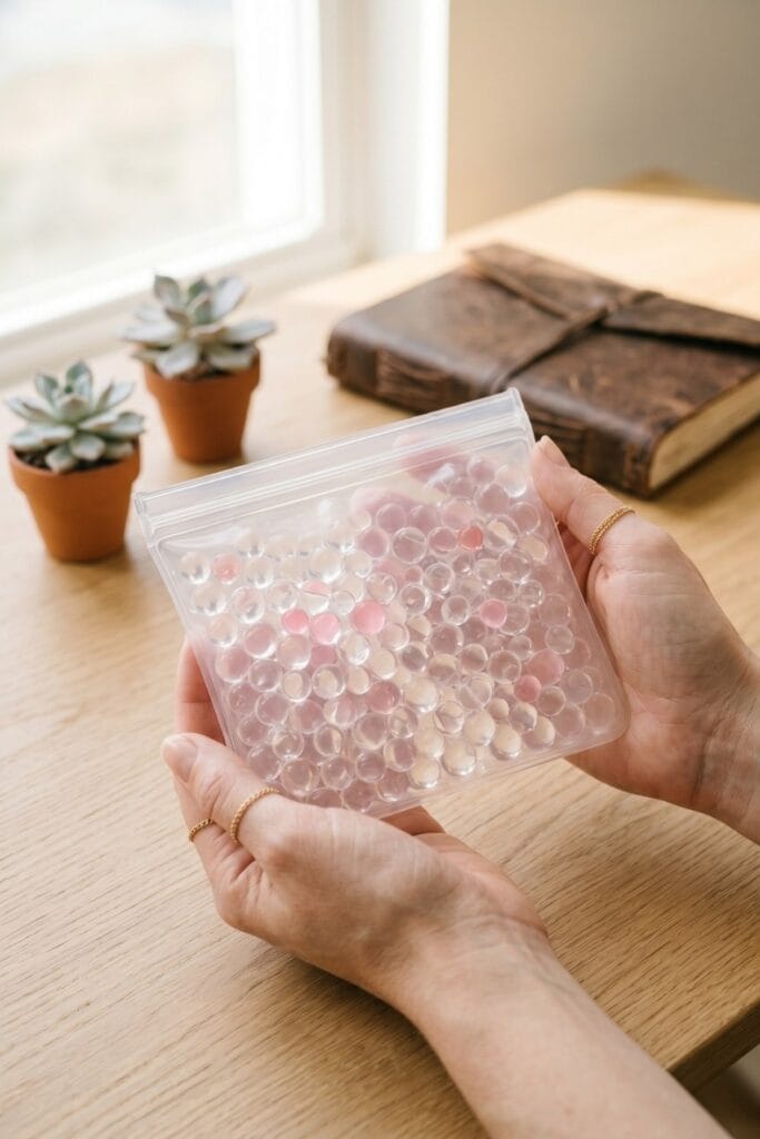 Close-up of female artisan hands holding a transparent silicone pouch filled with clear and pale pink water beads, a clean and modern sensory craft.