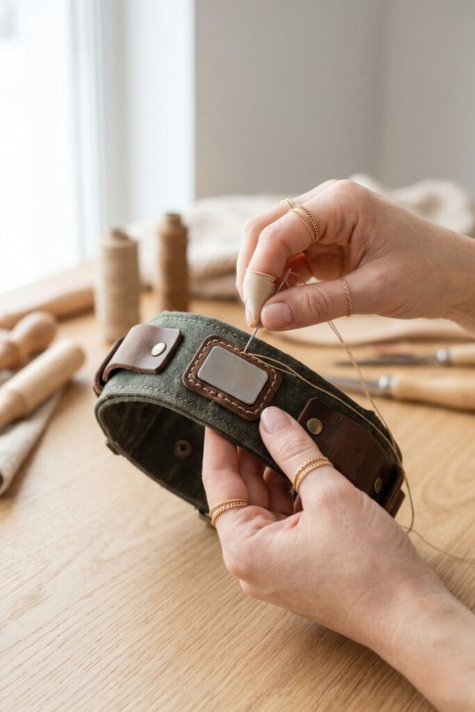Female artisan hands sewing a magnetic insert into a leather tool wristband for Father's Day crafts.