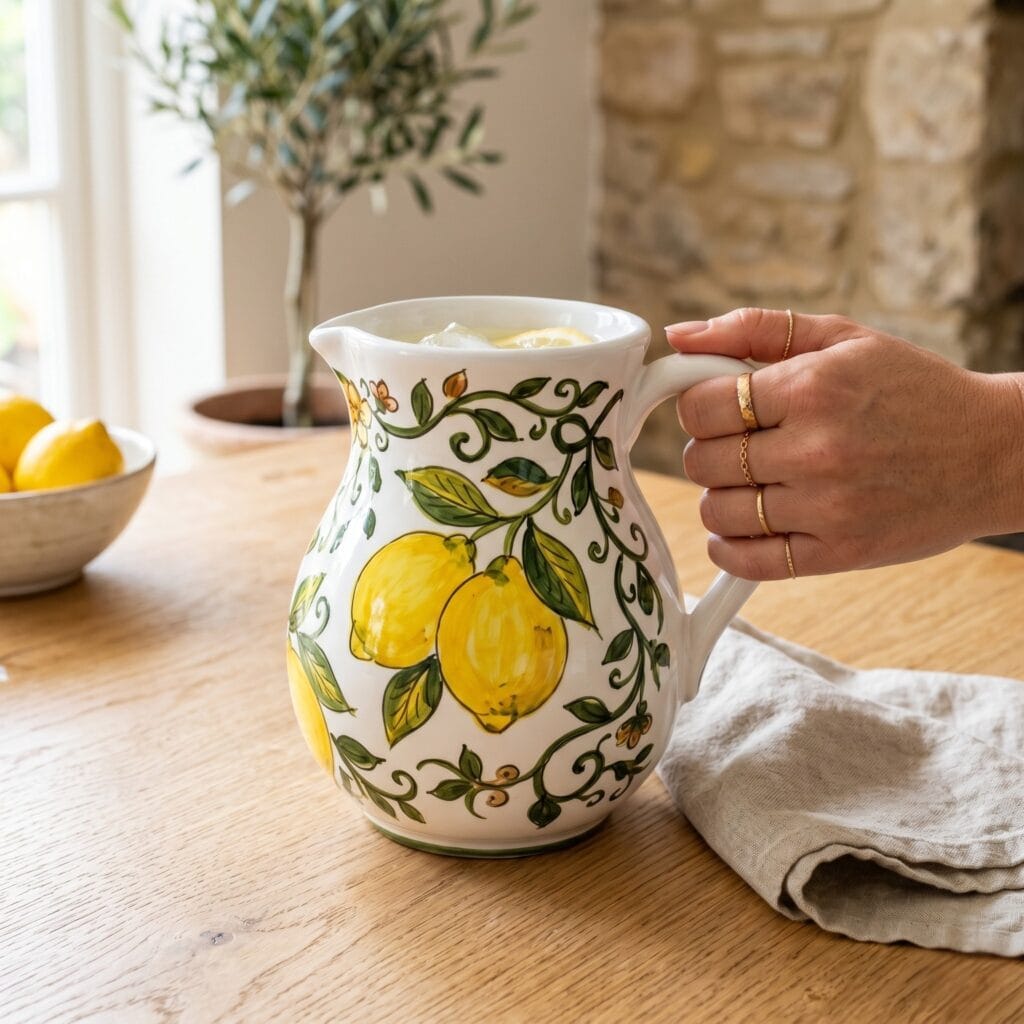 A bright white ceramic pitcher hand painted with a vibrant Mediterranean pattern of large yellow lemons and winding dark green vines