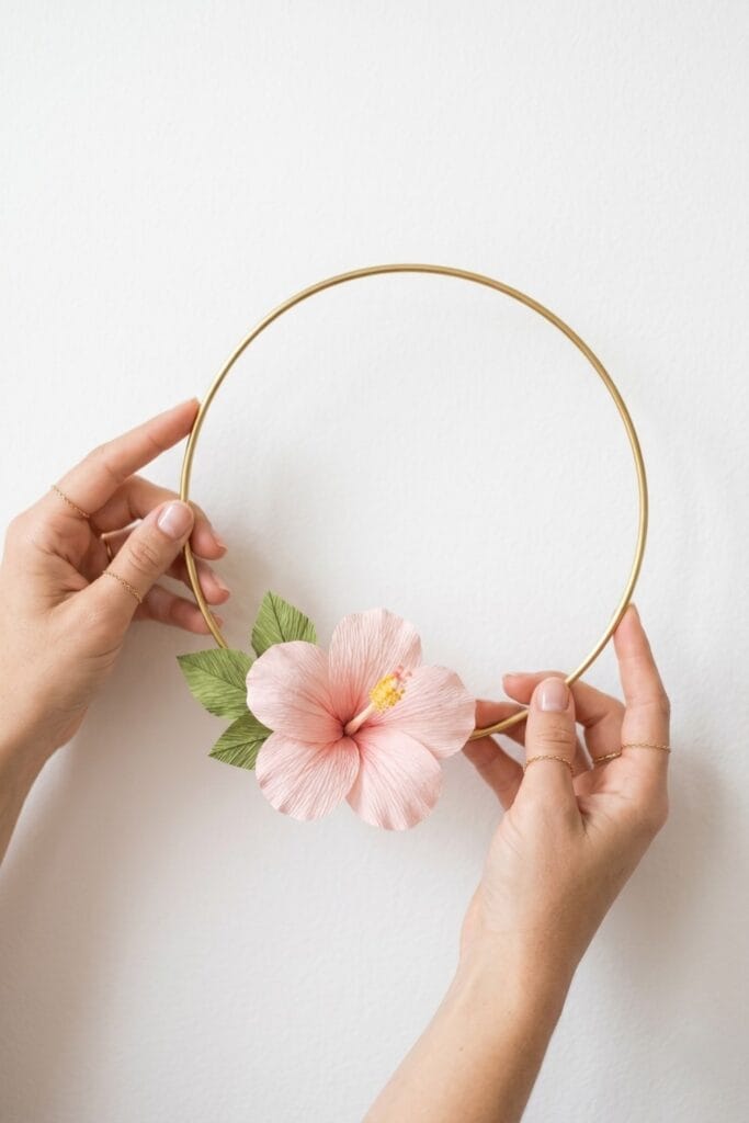 Female artisan hands touching a finished giant, sculptural cream-colored paper hibiscus flower intended for display as botanical wall art.