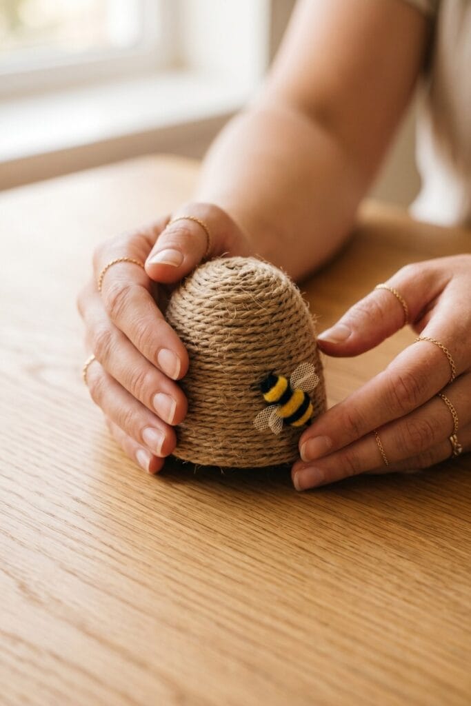 Female artisan hands holding a finished rustic spring daycare crafts beehive made by wrapping natural jute twine tightly around a base, decorated with a tiny felt bee.