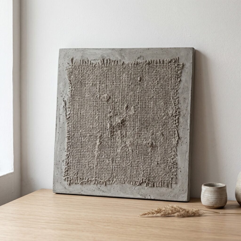 A single perfectly square photo showing a square grey cement wall art panel leaning against a white wall on an oak table. The cement surface features a stunning, deeply fossilized texture of raw burlap jute fabric. Natural side-lighting emphasizing the deep organic textures. Wabi-sabi decor.