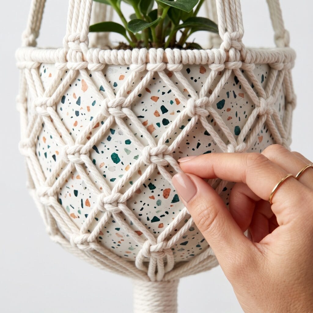 A delicate soft white cotton macrame plant hanger with a diamond grid mesh pattern holding a painted terrazzo bowl.