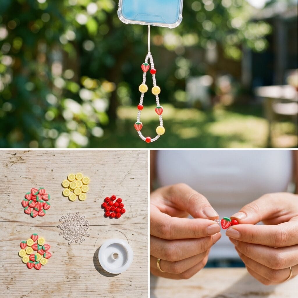 A 3-panel bright summer craft grid displaying polymer clay strawberry and lemon slices being threaded between transparent glass seed beads to form a playful, colorful phone strap accessory.