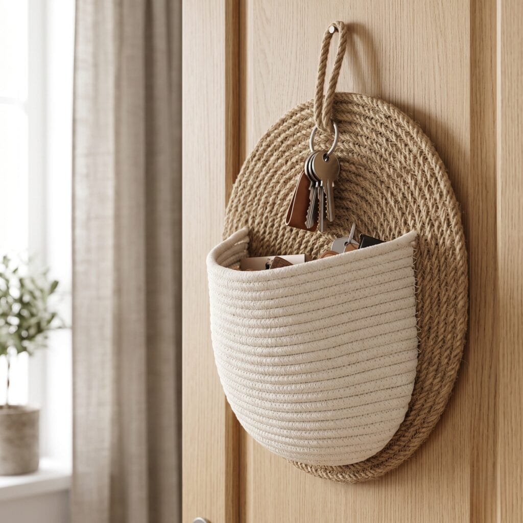 A flat semi-circular backplate hanging rope pocket basket made of jute twine holding keys on a wooden door.