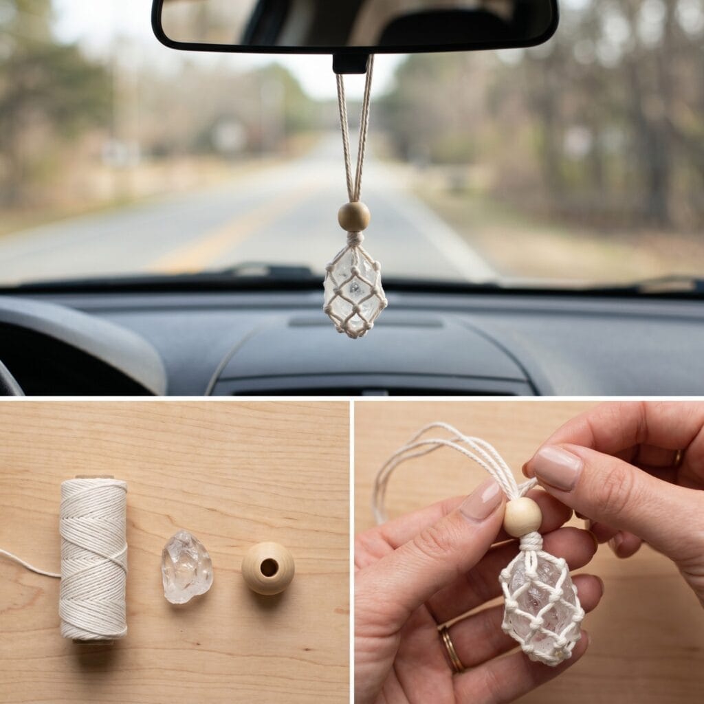 A 3-panel step-by-step guide for crystal DIY car charms, illustrating a white cotton twine net being knotted around a raw clear quartz crystal point with a wooden bead closure.